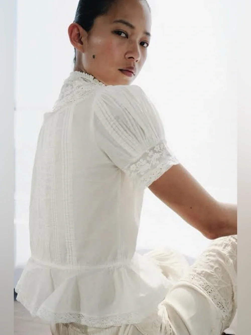 Zara Embroidered Lace Pleated Blouse